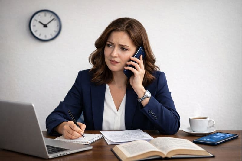 Professional managing multiple tasks at desk with phone, laptop, and documents
